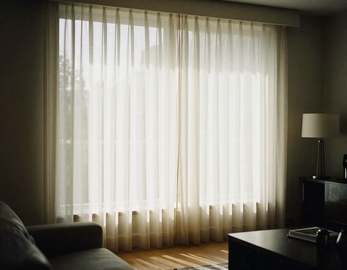 Elegant custom blinds in modern living room with natural light filtering through premium fabric