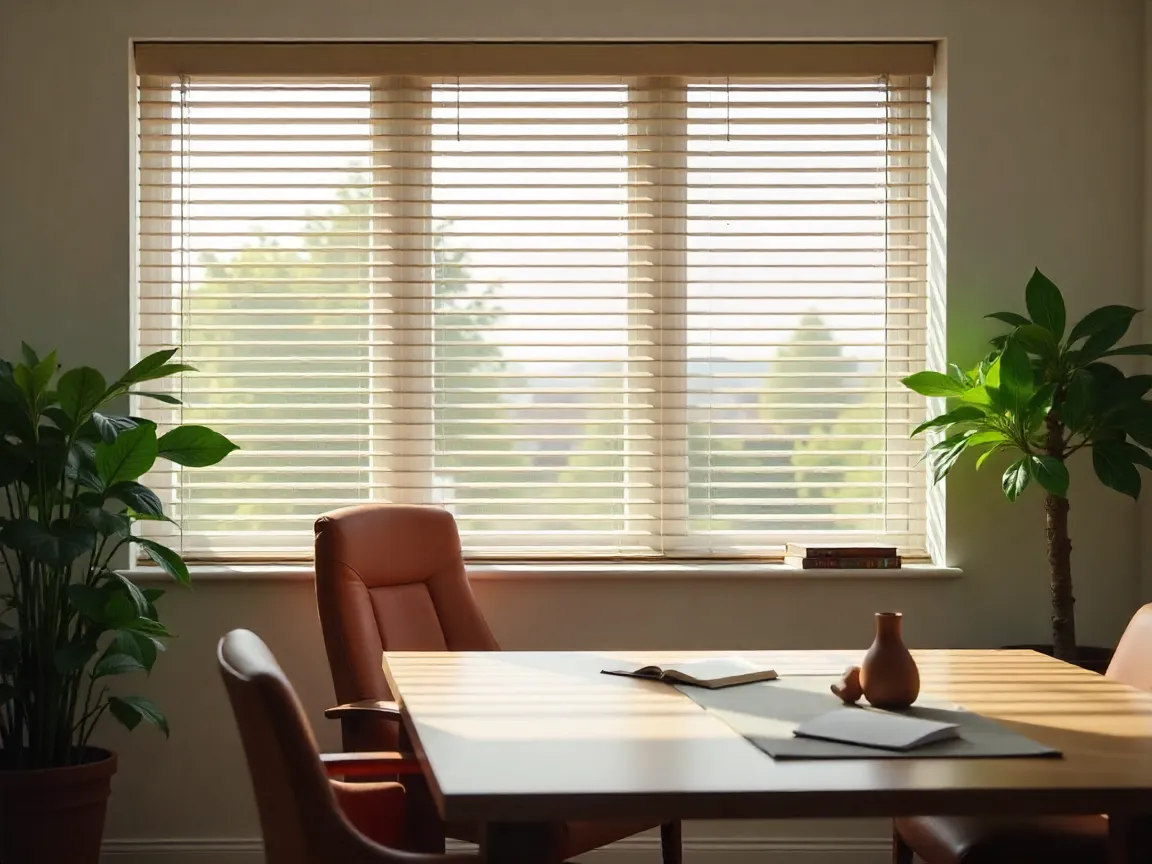 Classic venetian blinds with adjustable slats providing precise light control in office setting