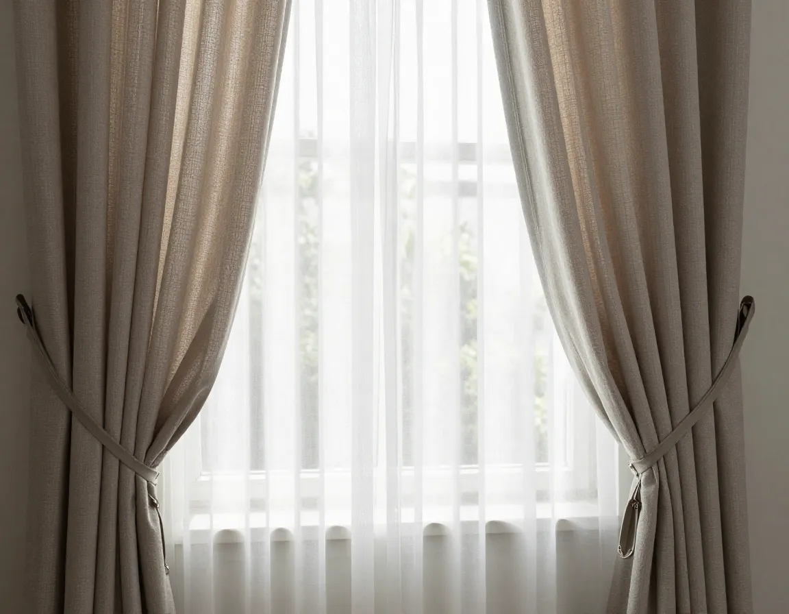 Layered window treatments combining sheer and blockout fabrics for versatile light control