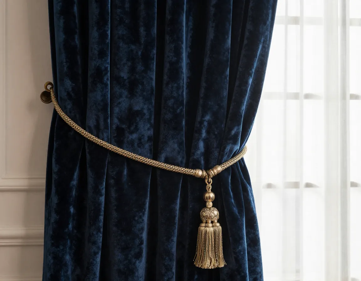Luxurious floor-to-ceiling curtains with rich fabrics adding drama and sophistication